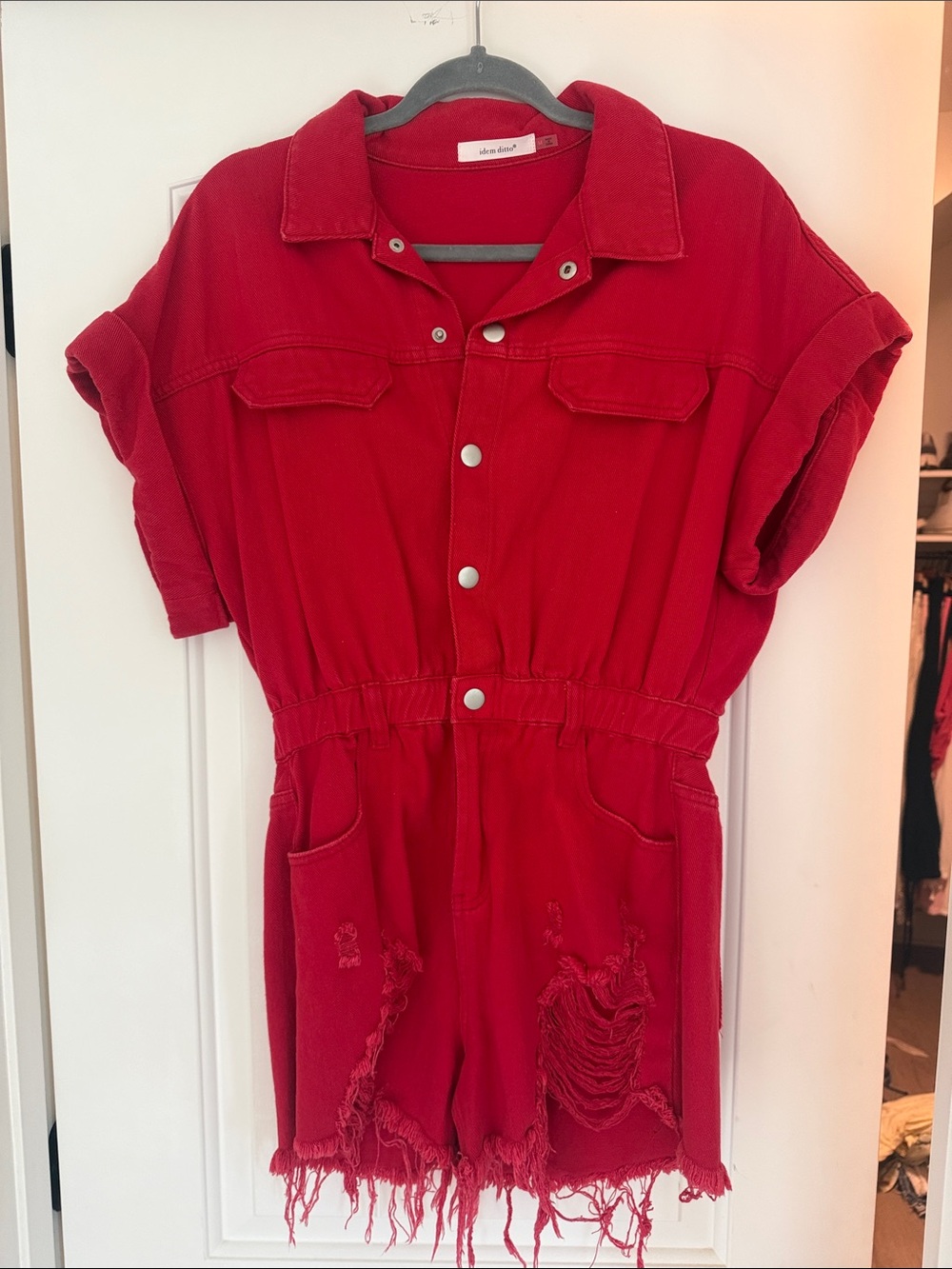 Boutique Red Denim Short Romper with Button Front